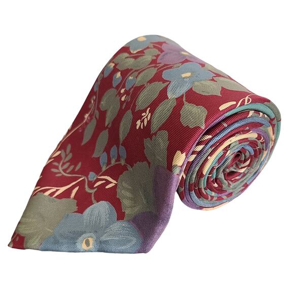 Claybrooke Red Multicolor 100% Silk Floral Tie Made in USA - Picture 1 of 3